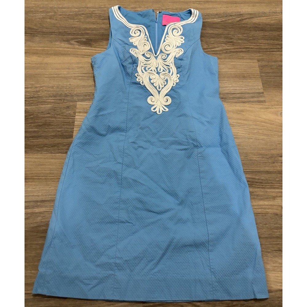 Lilly Pulitzer Size 00 Gabby Stretch Shift Dress Bondi Blue White Embroidery
